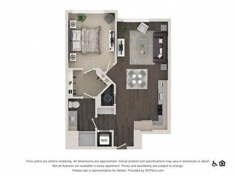 Floor plan for 1 bed, 1 bath, 744 sqft